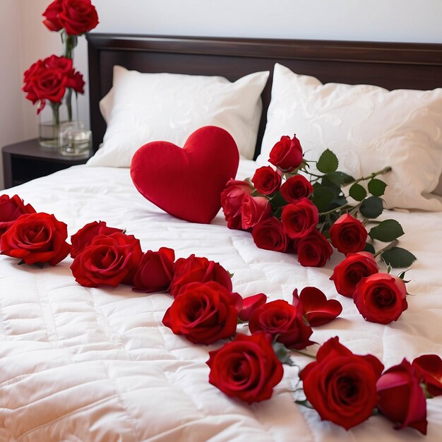 Red Roses on White Bed Sheet with Petals Scattered Romantic Bed Arrangement Background