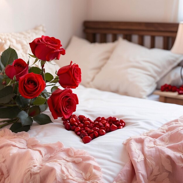 Red Roses on White Bed Sheet with Petals Scattered Romantic Bed Arrangement Background