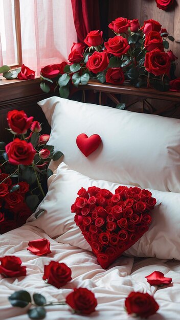 Red roses on white bed sheet with petals scattered romantic bed arrangement background