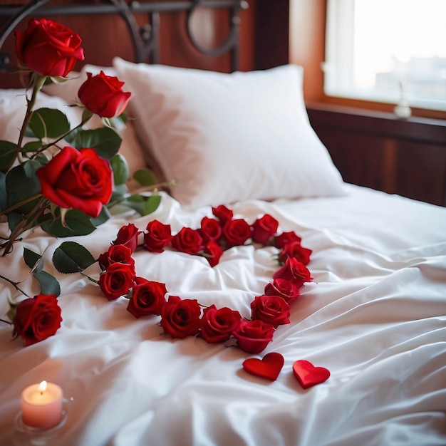 Red roses on white bed sheet with petals scattered romantic bed arrangement background