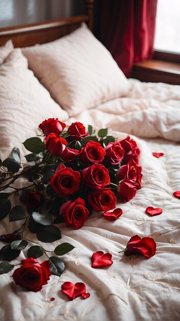 Red Roses on White Bed Sheet with Petals Scattered Romantic Bed Arrangement Background