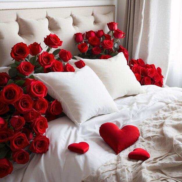 Red Roses on White Bed Sheet with Petals Scattered Romantic Bed Arrangement Background