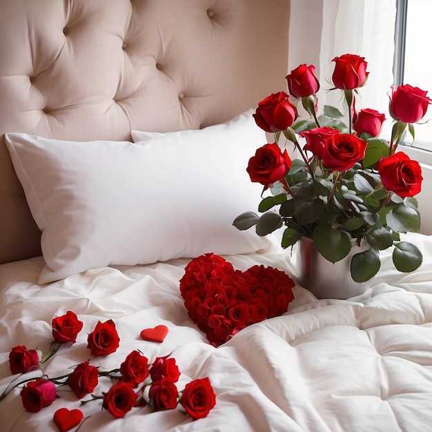 Photo red roses on white bed sheet with petals scattered romantic bed arrangement background