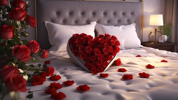 Red roses on white bed sheet with petals scattered romantic bed arrangement background