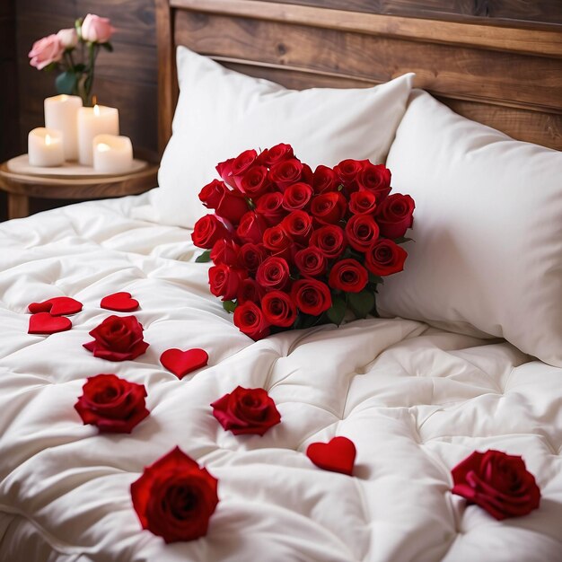 Red Roses on White Bed Sheet with Petals Scattered Romantic Bed Arrangement Background