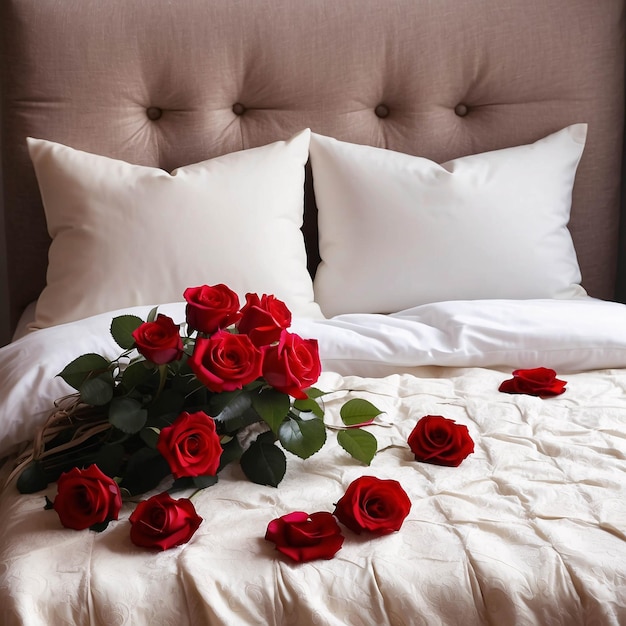 Red Roses on White Bed Sheet with Petals Scattered Romantic Bed Arrangement Background