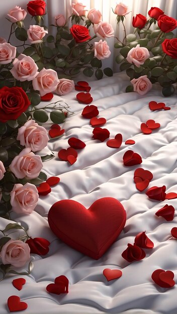 Red roses on white bed sheet with petals scattered romantic bed arrangement background