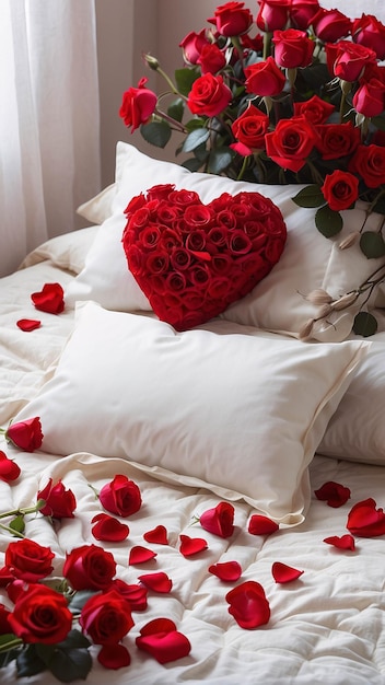 Red Roses on White Bed Sheet with Petals Scattered Romantic Bed Arrangement Background