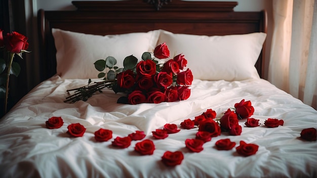 Red Roses on White Bed Sheet with Petals Scattered Romantic Bed Arrangement Background