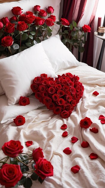 Red Roses on White Bed Sheet with Petals Scattered Romantic Bed Arrangement Background