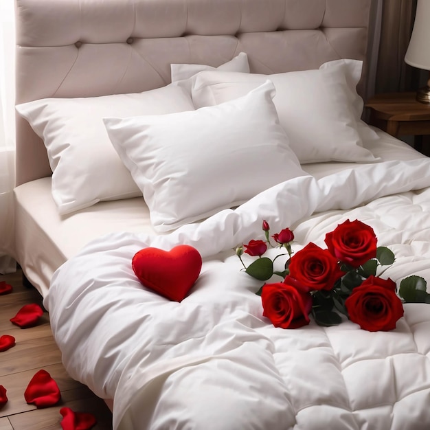 Red Roses on White Bed Sheet with Petals Scattered Romantic Bed Arrangement Background