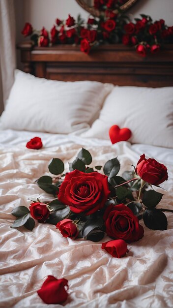 Red Roses on White Bed Sheet with Petals Scattered Romantic Bed Arrangement Background