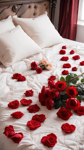 Red Roses on White Bed Sheet with Petals Scattered Romantic Bed Arrangement Background