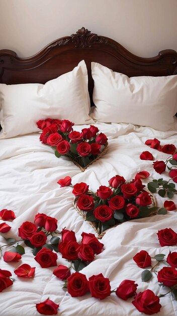 Red Roses on White Bed Sheet with Petals Scattered Romantic Bed Arrangement Background