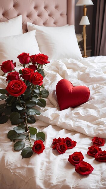 Red Roses on White Bed Sheet with Petals Scattered Romantic Bed Arrangement Background