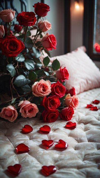 꽃잎이 흩어져 있는 흰색 침대 시트에 빨간 장미 로맨틱 침대 배열 배경