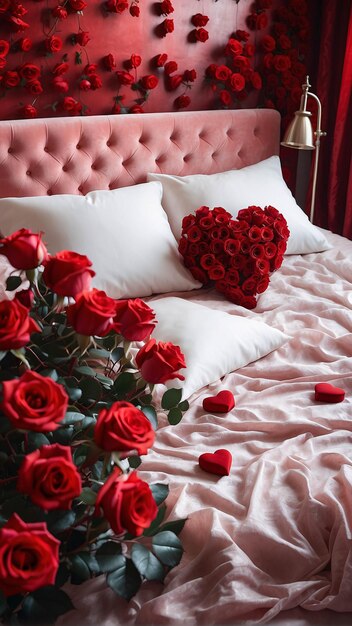 Red Roses on White Bed Sheet with Petals Scattered Romantic Bed Arrangement Background