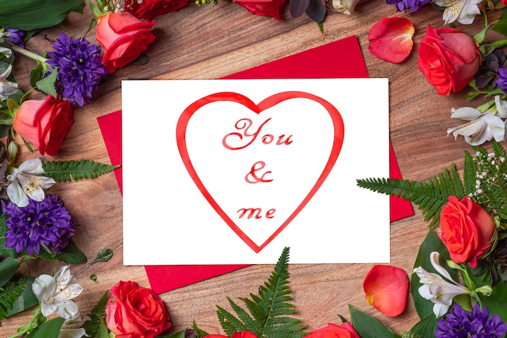Photo red roses white valentins decoration you and me