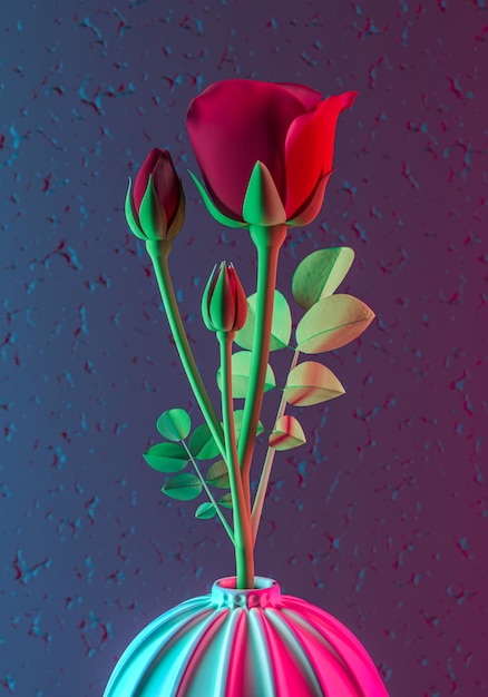 青紫色の背景に白い花瓶に赤いバラ。 3 d レンダリング。