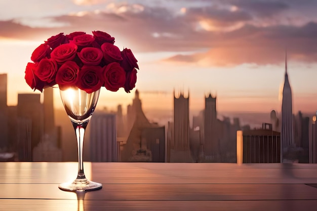 Red roses in a wine glass on a table with a city in the background