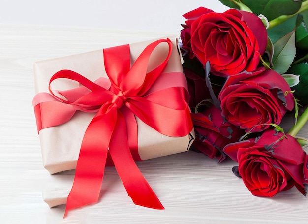 red roses with decorative hearts and presents