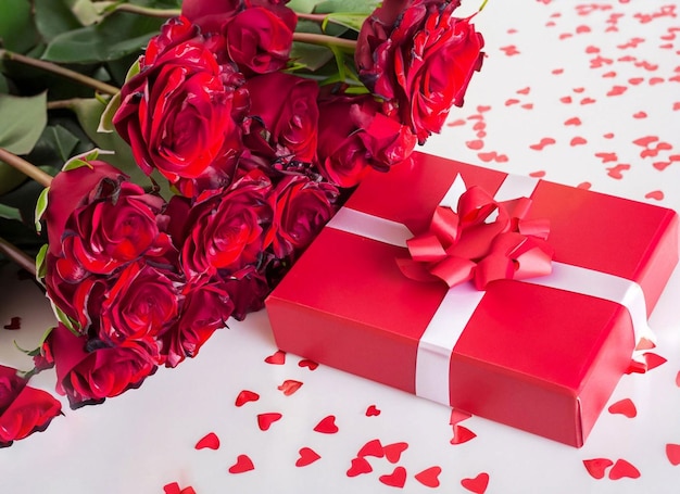 красные розы с декоративными сердечками и подарками