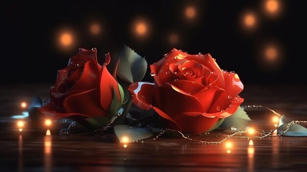 Red roses with garland on black backgroundgenerative ai