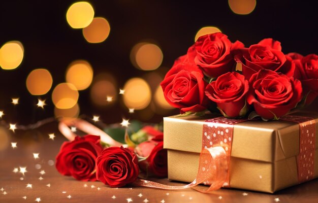 Red roses with gift box are stacked together with lights