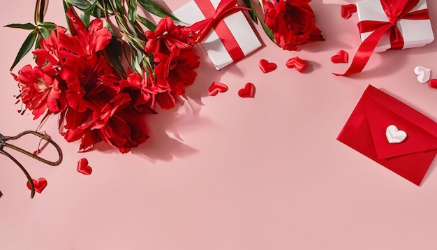 Red roses with a gift box and a gift on a pink background