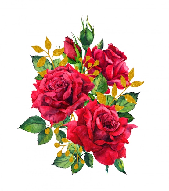 Red roses with golden leaves. Watercolor painting illustration