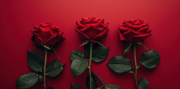 Red roses with green leaves next to one another