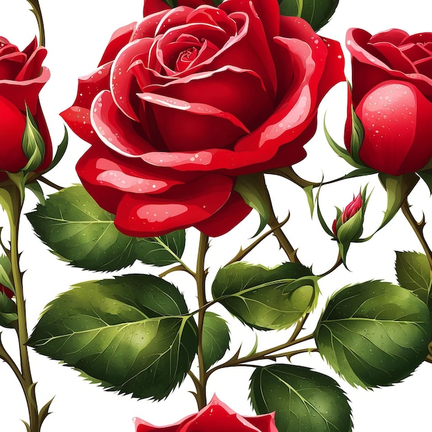 Красные розы с листьями и стеблями, покрытыми росой