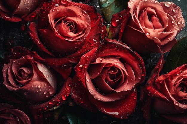 Red roses with water drops on the background