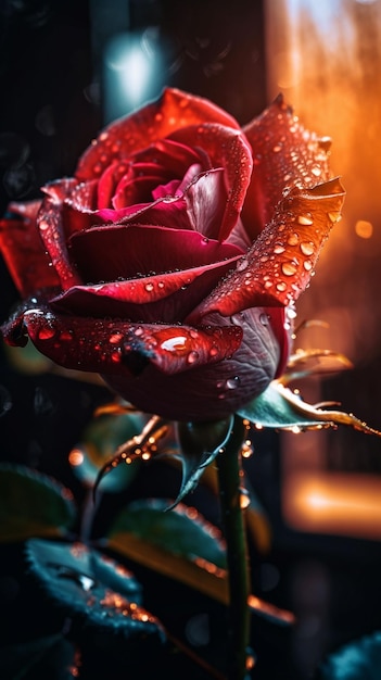 Red roses with water drops on the background