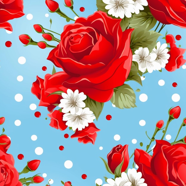 青い背景に白い花と赤いバラ