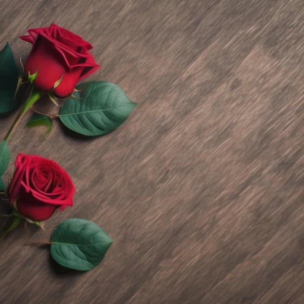 Red roses on a wooden background with green leaves