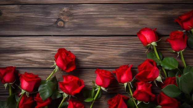 Red roses on a wooden background