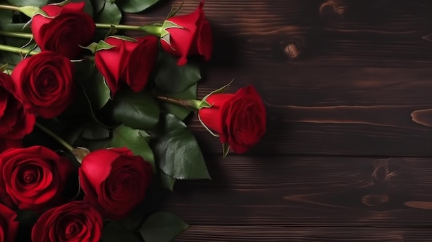 Red roses on a wooden background