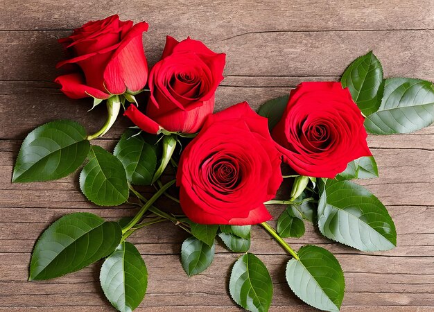 Red roses on a wooden background