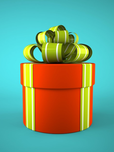 Red round gift box on blue background