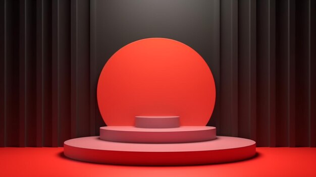 A red round podium in front of a black curtain.