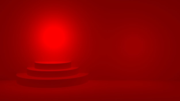 Red round podium on red stage display, 3d render.