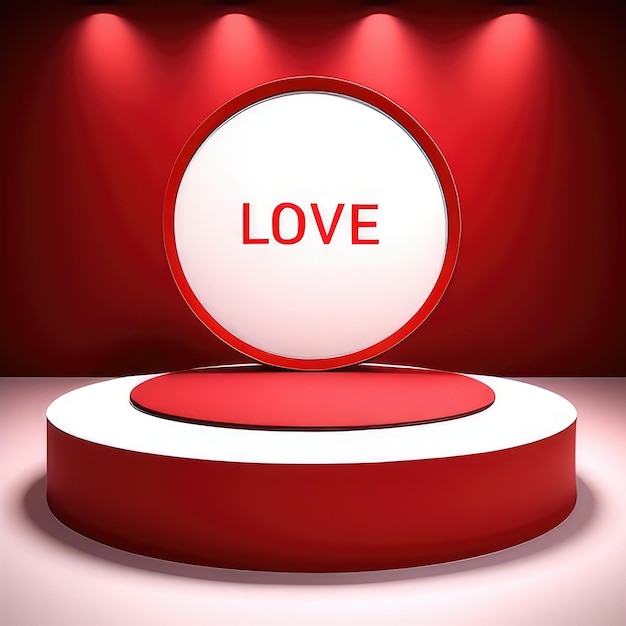 Red round podium with love text 3d render on red background