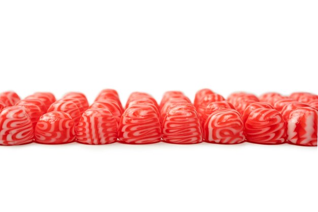 Red round tasty gummy candies islolated on a white background