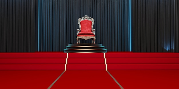 Red royal chair on a background of black curtains. 3d render