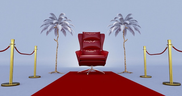 Red royal chair on a red and white background VIP throne Red royal throne 3d render