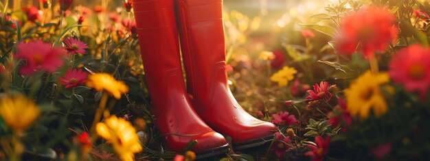 red rubber boots near the flowerbed closeup