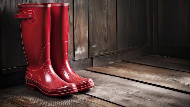 Photo red rubber boots on old wooden background generate ai