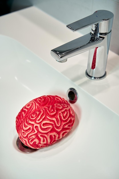 シンクの蛇口の洗脳コンセプトの下にある赤いゴム製の人間の脳