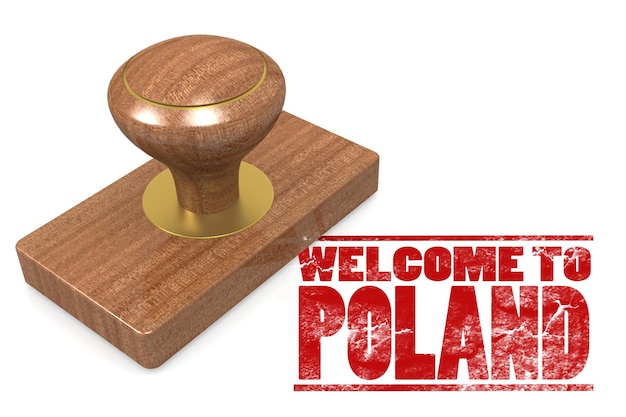 Red rubber stamp with welcome to Poland